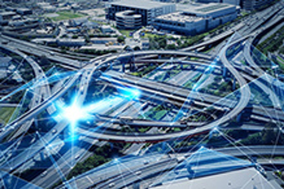 A digital image of freeways lanes circling over eachother with blue digital lines connecting them.