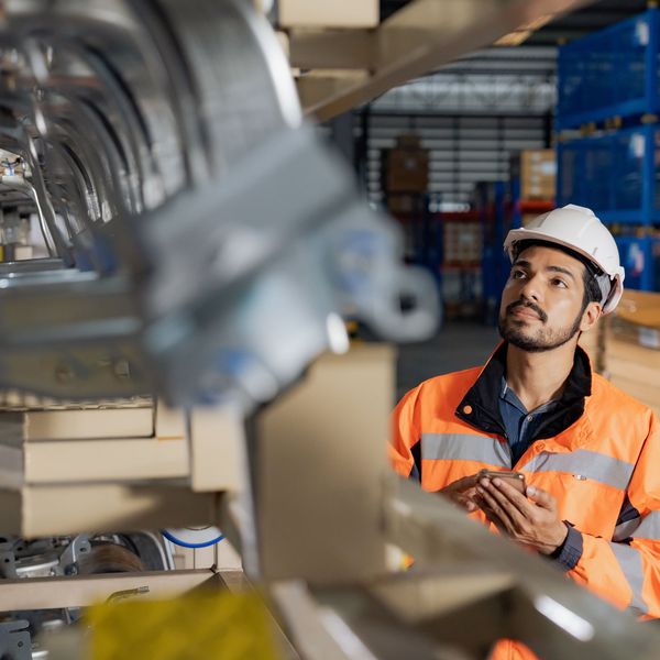 A warehouse worker monitors automated packing arms.