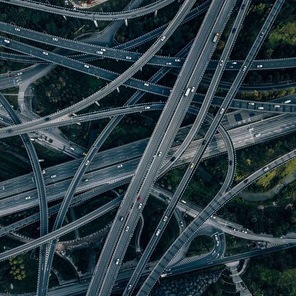 An aerial view of a vast, very complicated highway network.