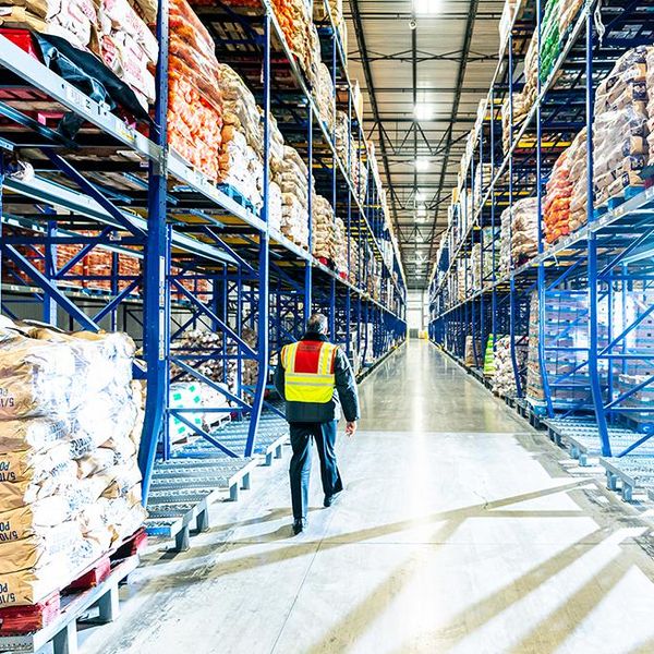 Man walking in multi-client warehouse