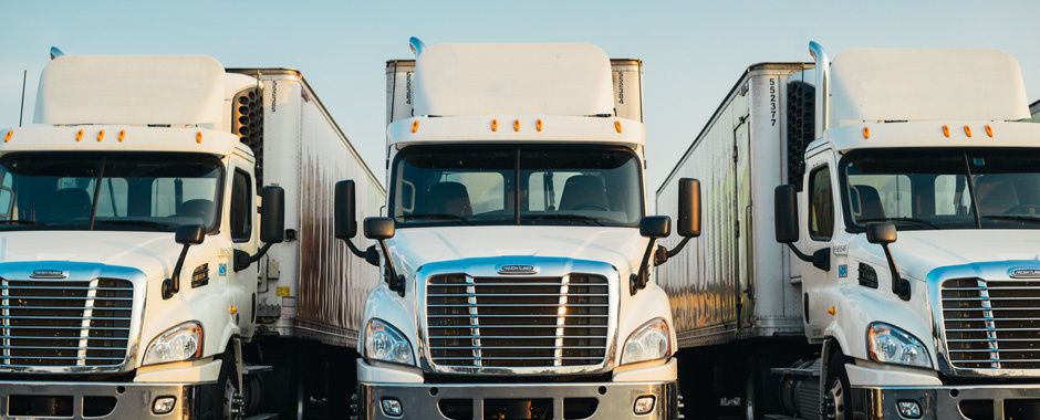 front of three Freightliner trucks