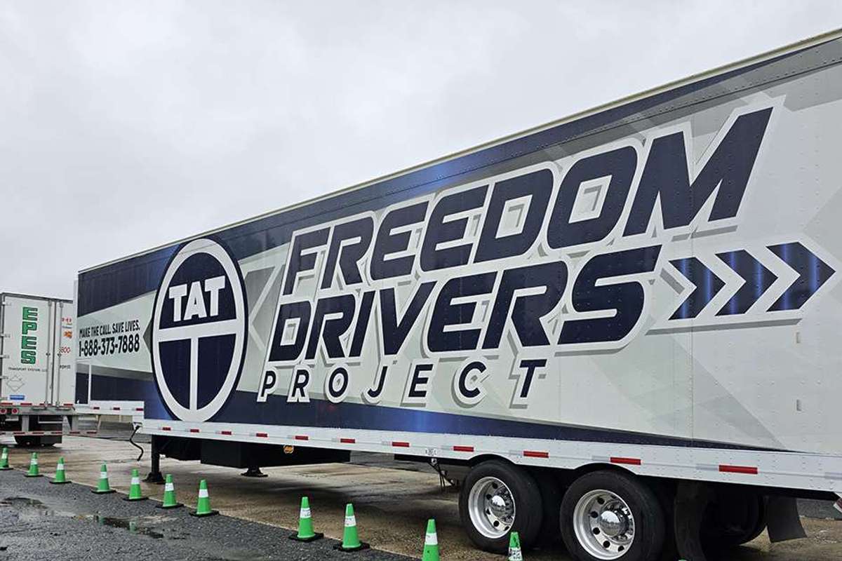 Truckers Against Trafficking Freedom Drivers Project mobile exhibit trailer parked at Penske's EPES Charlotte Terminal in Charlotte, North Carolina